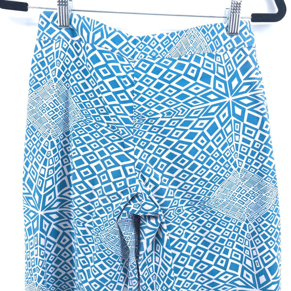 Dar Retro Psychedelic Handmade Blue White Geometric Pattern Wide Leg Pants 29 - Picture 9 of 10